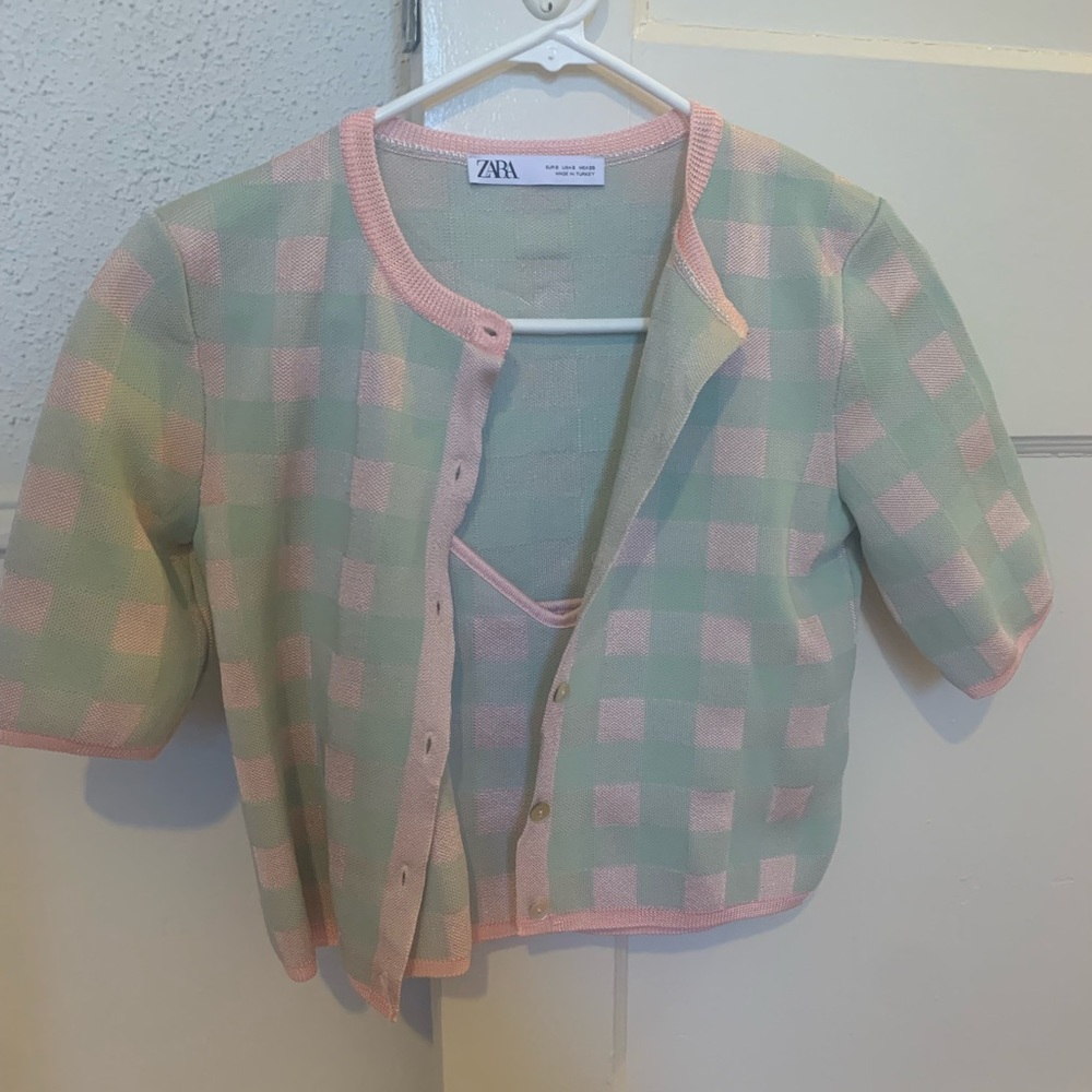 Zara Pastel Green & Pink Gingham Cardigan Set [NWOT]